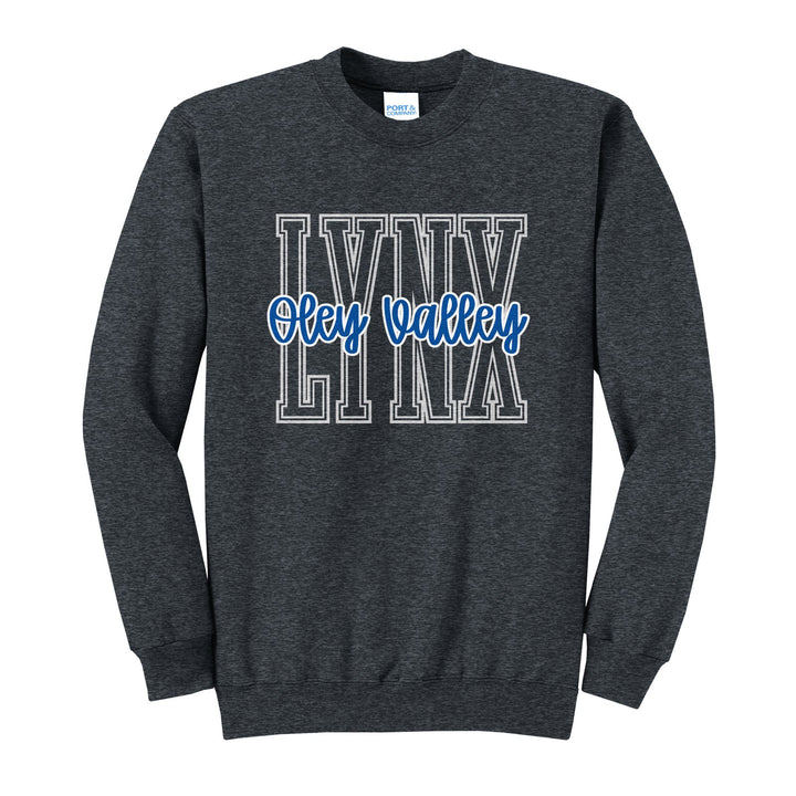 Oley Valley Lynx Outline Script crewneck sweatshirt in Dark Heather Grey: outlined LYNX letters with Oley Valley script across the front
