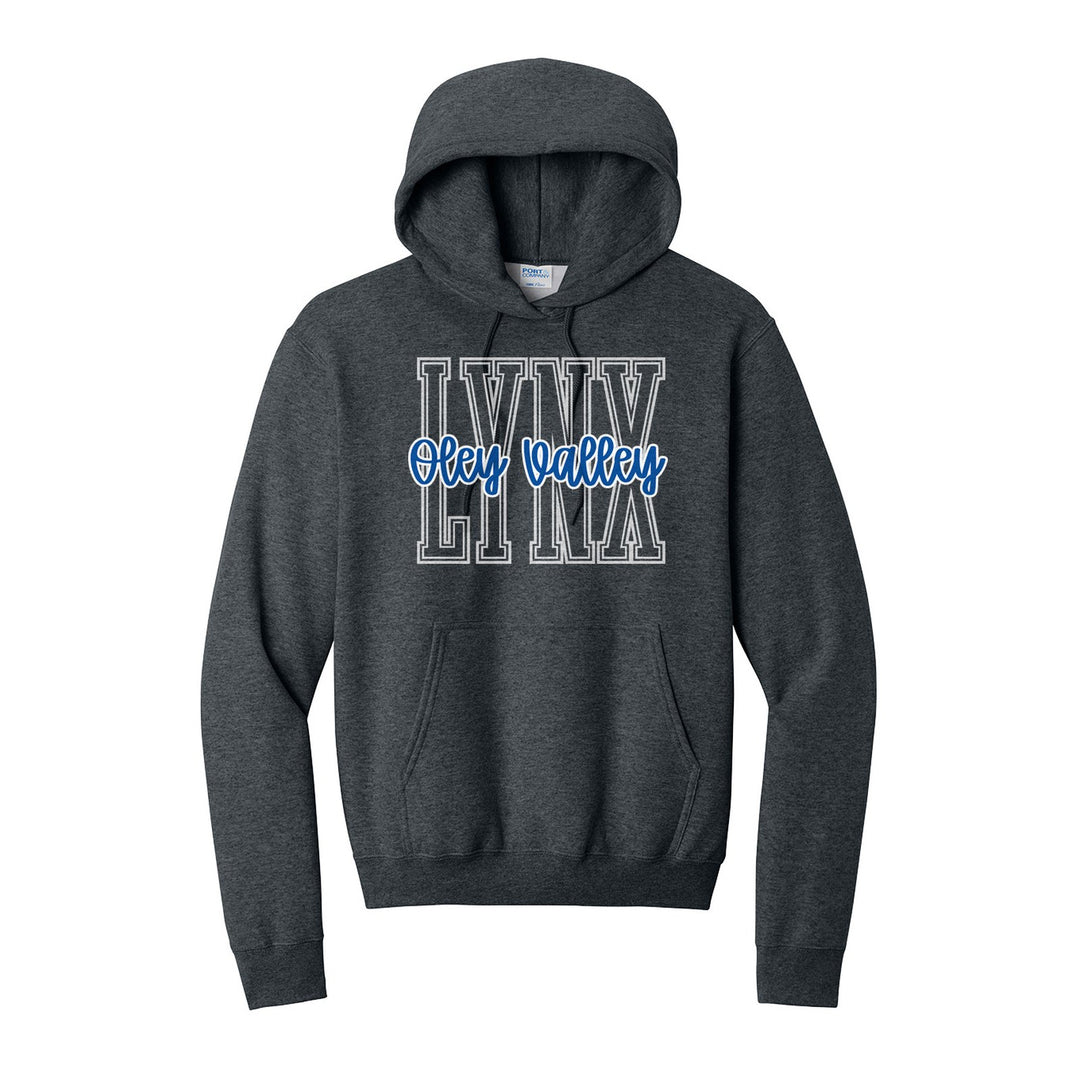 Oley Valley Lynx Outline Script hoodie in Dark Heather Grey: outlined LYNX letters with Oley Valley script across the front