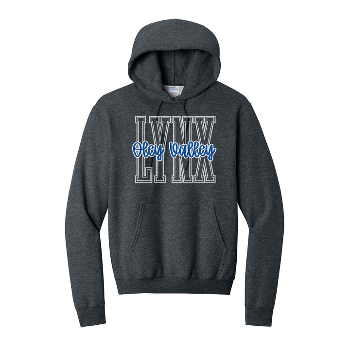 Oley Valley Lynx Outline Script hoodie in Dark Heather Grey: outlined LYNX letters with Oley Valley script across the front