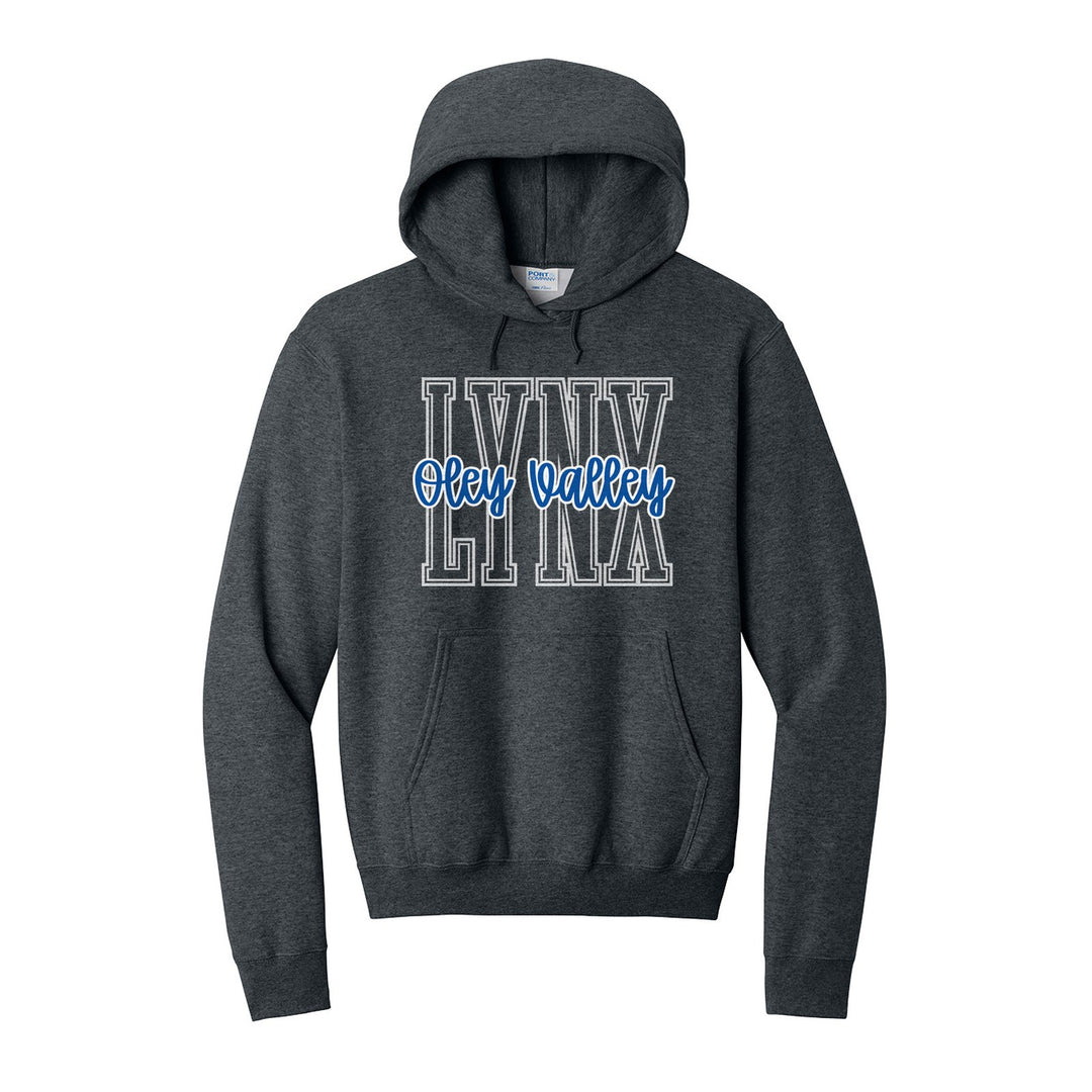 Oley Valley Lynx Outline Script hoodie in Dark Heather Grey: outlined LYNX letters with Oley Valley script across the front