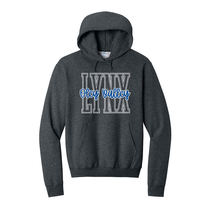 Oley Valley Lynx Outline Script hoodie in Dark Heather Grey: outlined LYNX letters with Oley Valley script across the front