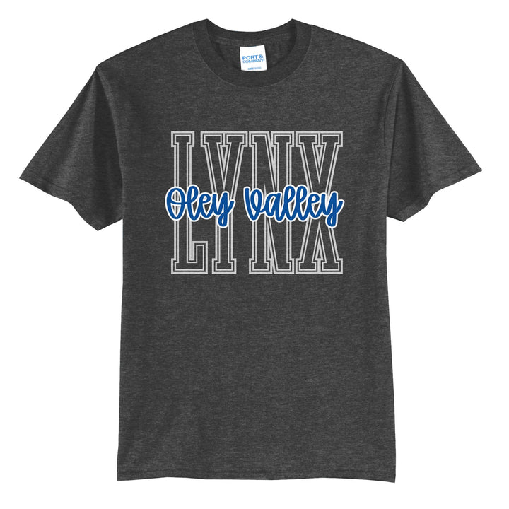 Oley Valley Lynx Outline Script t-shirt in Dark Heather Grey: outlined LYNX letters with Oley Valley script across the front