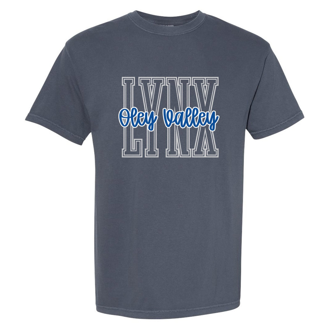 Oley Valley Lynx Outline Script comfort colors t-shirt in Denim: outlined LYNX letters with Oley Valley script across the front