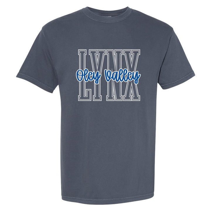 Oley Valley Lynx Outline Script comfort colors t-shirt in Denim: outlined LYNX letters with Oley Valley script across the front