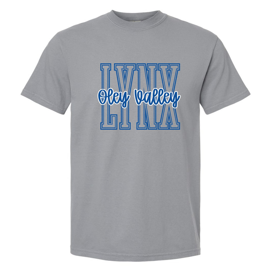 Oley Valley Lynx Outline Script comfort colors t-shirt in Granite: outlined LYNX letters with Oley Valley script across the front