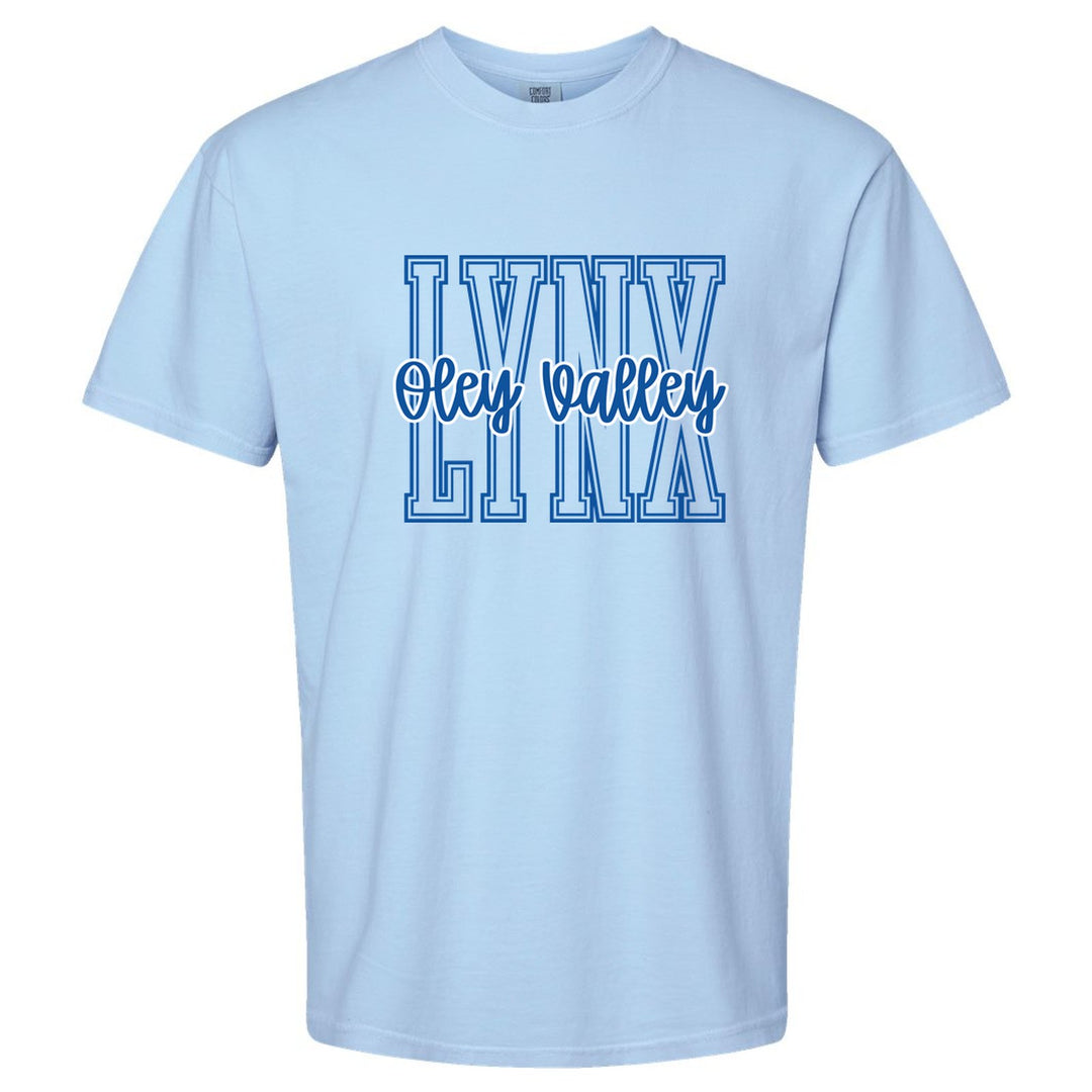 Oley Valley Lynx Outline Script comfort colors t-shirt in Hydrangea: outlined LYNX letters with Oley Valley script across the front