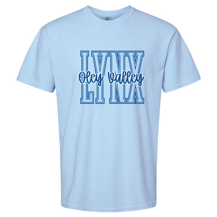 Oley Valley Lynx Outline Script comfort colors t-shirt in Hydrangea: outlined LYNX letters with Oley Valley script across the front