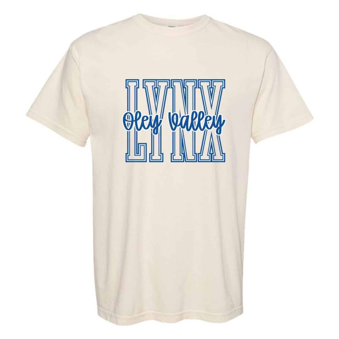 Oley Valley Lynx Outline Script comfort colors t-shirt in Ivory: outlined LYNX letters with Oley Valley script across the front
