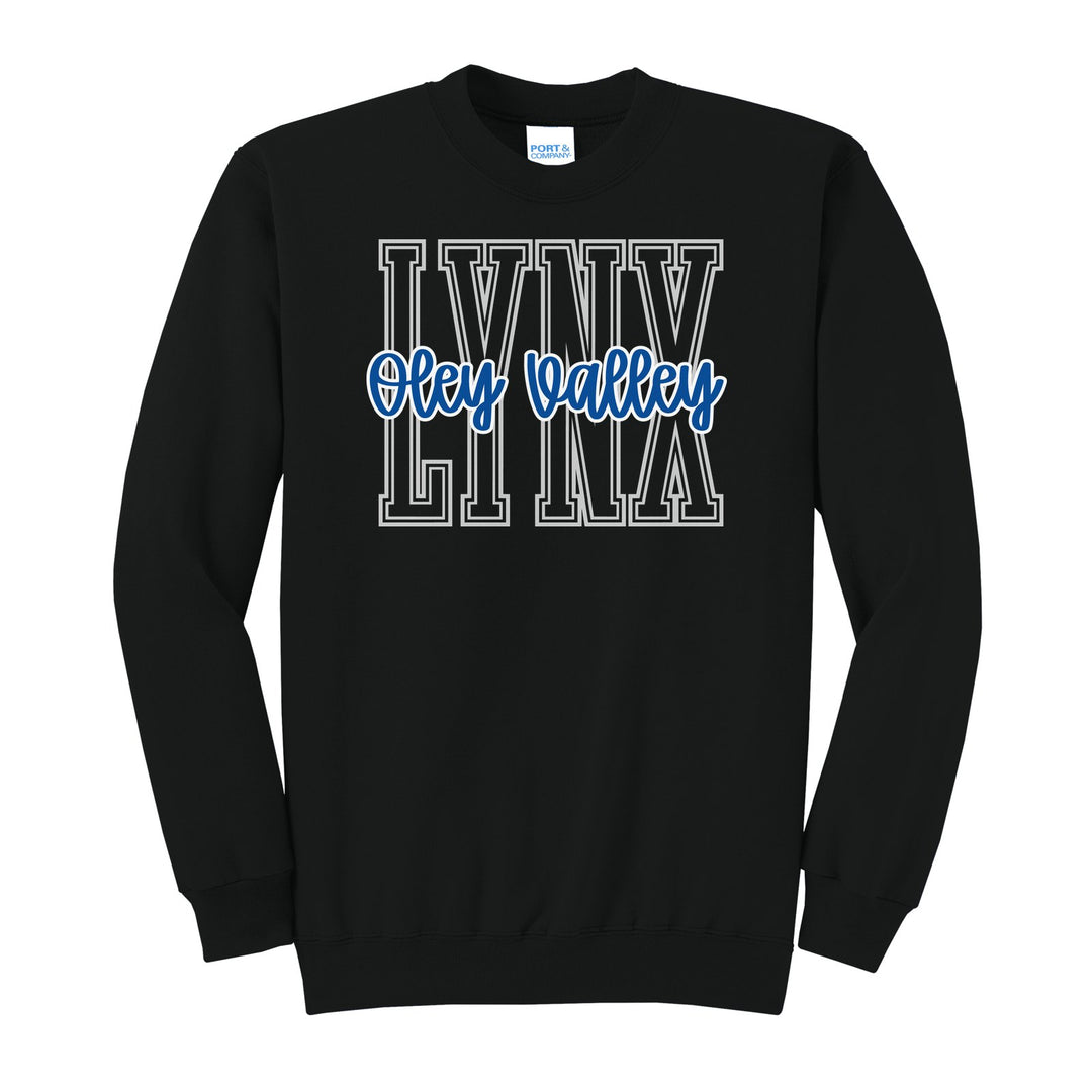 Oley Valley Lynx Outline Script crewneck sweatshirt in Jet Black: outlined LYNX letters with Oley Valley script across the front