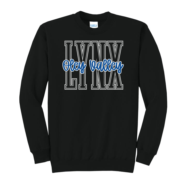 Oley Valley Lynx Outline Script crewneck sweatshirt in Jet Black: outlined LYNX letters with Oley Valley script across the front