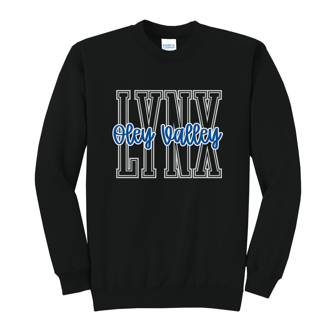 Oley Valley Lynx Outline Script crewneck sweatshirt in Jet Black: outlined LYNX letters with Oley Valley script across the front