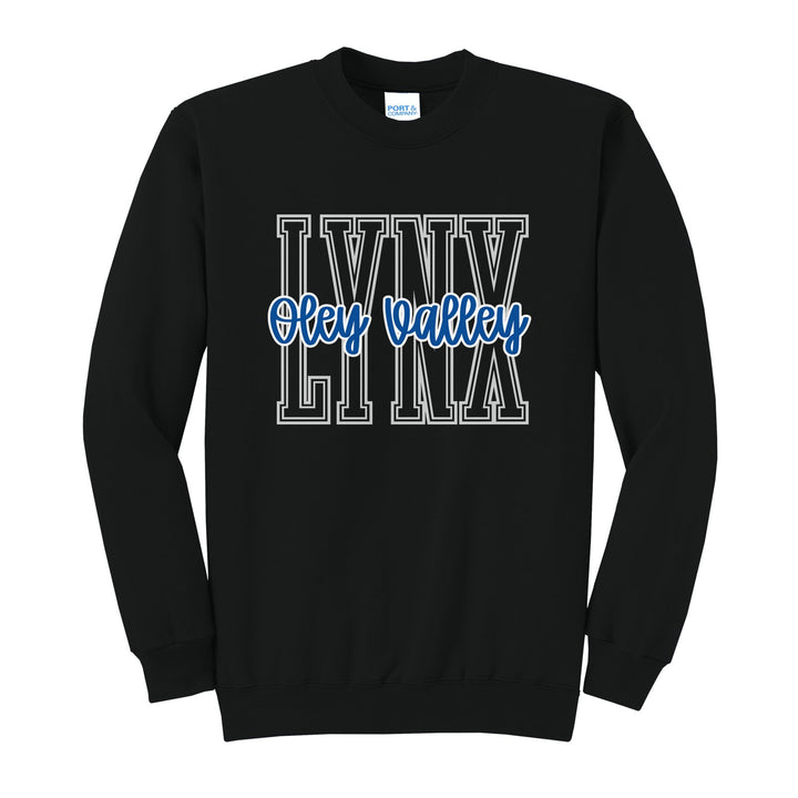 Oley Valley Lynx Outline Script crewneck sweatshirt in Jet Black: outlined LYNX letters with Oley Valley script across the front