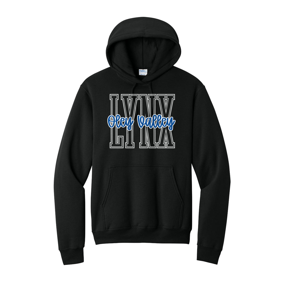 Oley Valley Lynx Outline Script hoodie in Jet Black: outlined LYNX letters with Oley Valley script across the front
