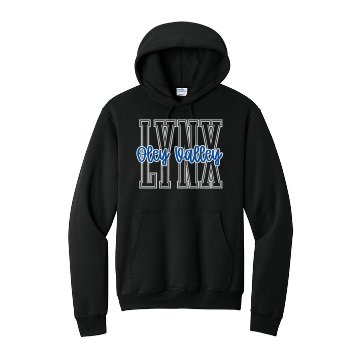 Oley Valley Lynx Outline Script hoodie in Jet Black: outlined LYNX letters with Oley Valley script across the front