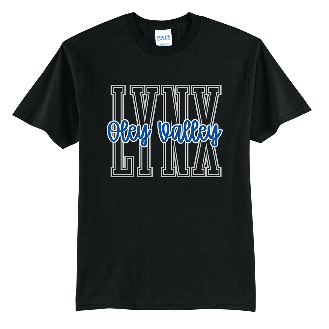 Oley Valley Lynx Outline Script t-shirt in Jet Black: outlined LYNX letters with Oley Valley script across the front