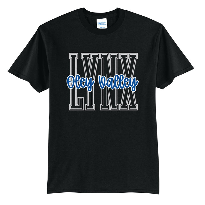 Oley Valley Lynx Outline Script t-shirt in Jet Black: outlined LYNX letters with Oley Valley script across the front