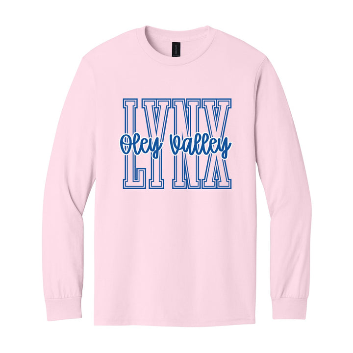 Oley Valley Lynx Outline Script long sleeve t-shirt in Light Pink: outlined LYNX letters with Oley Valley script across the front
