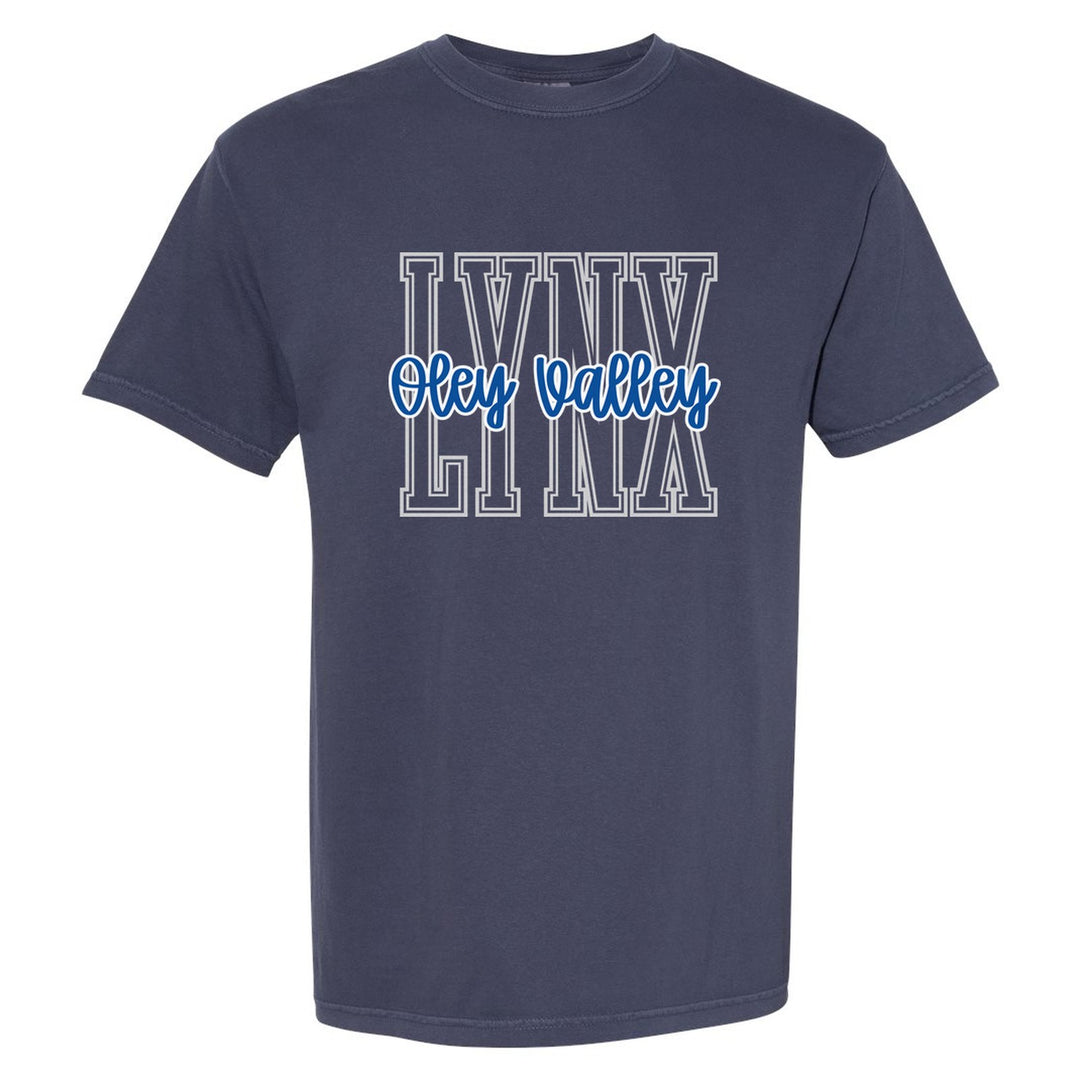 Oley Valley Lynx Outline Script comfort colors t-shirt in Navy: outlined LYNX letters with Oley Valley script across the front