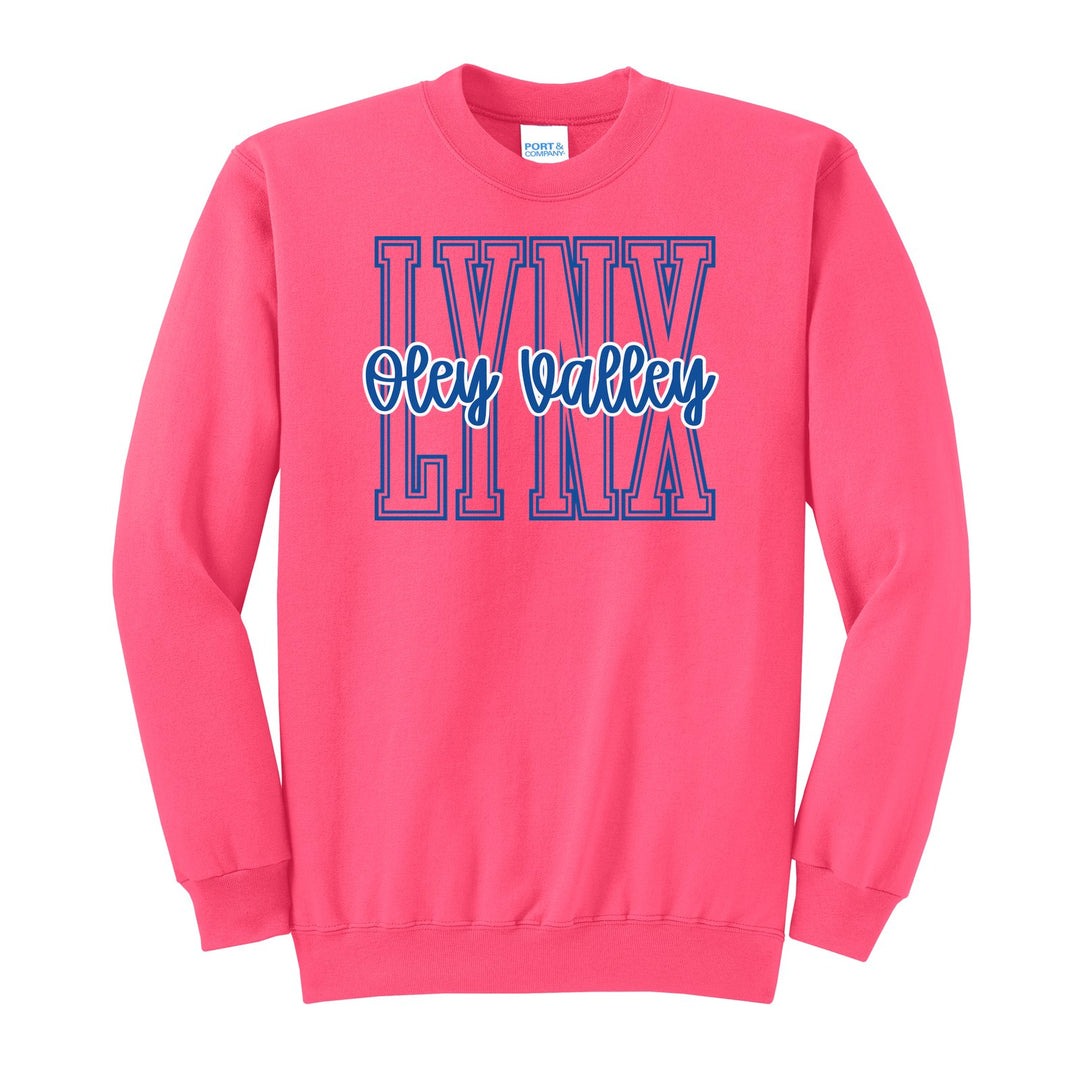 Oley Valley Lynx Outline Script crewneck sweatshirt in Neon Pink: outlined LYNX letters with Oley Valley script across the front