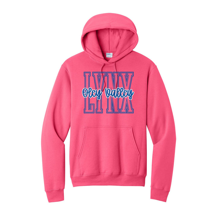 Oley Valley Lynx Outline Script hoodie in Neon Pink: outlined LYNX letters with Oley Valley script across the front
