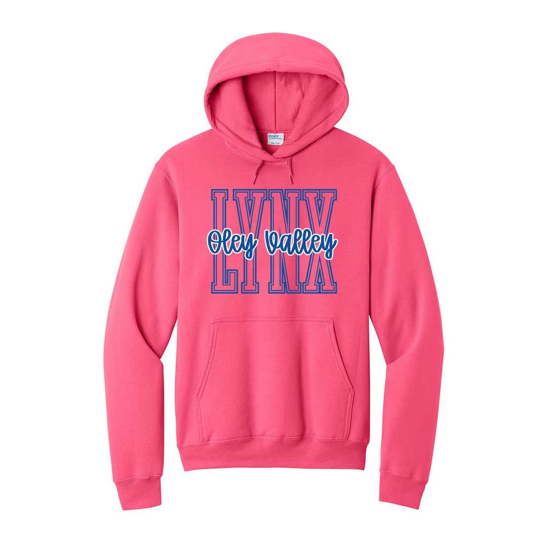 Oley Valley Lynx Outline Script hoodie in Neon Pink: outlined LYNX letters with Oley Valley script across the front