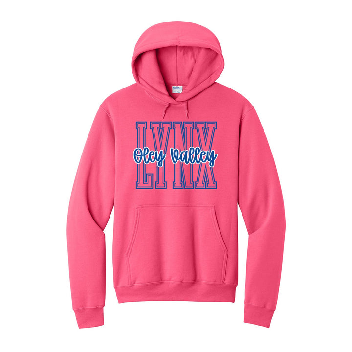 Oley Valley Lynx Outline Script hoodie in Neon Pink: outlined LYNX letters with Oley Valley script across the front