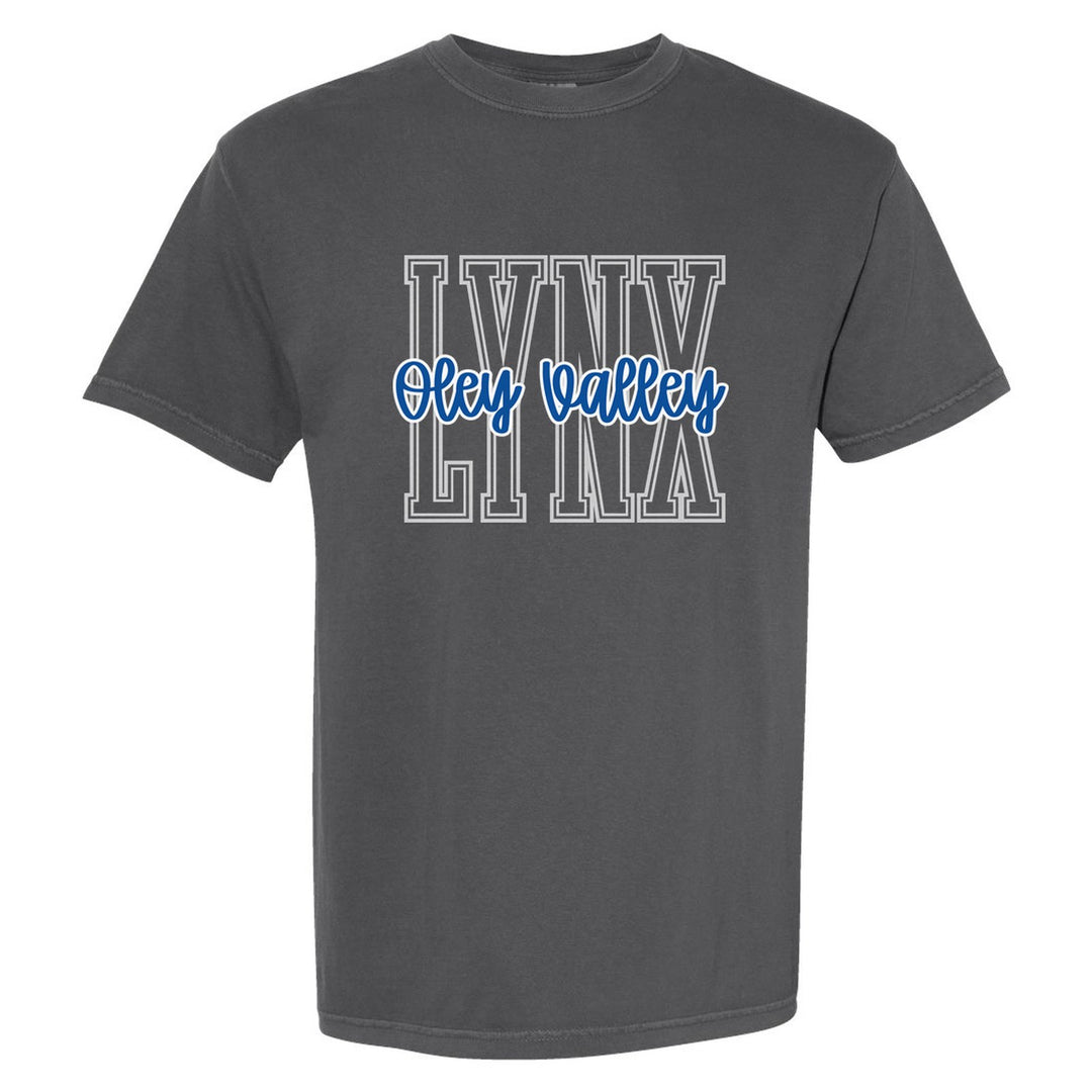 Oley Valley Lynx Outline Script comfort colors t-shirt in Pepper: outlined LYNX letters with Oley Valley script across the front