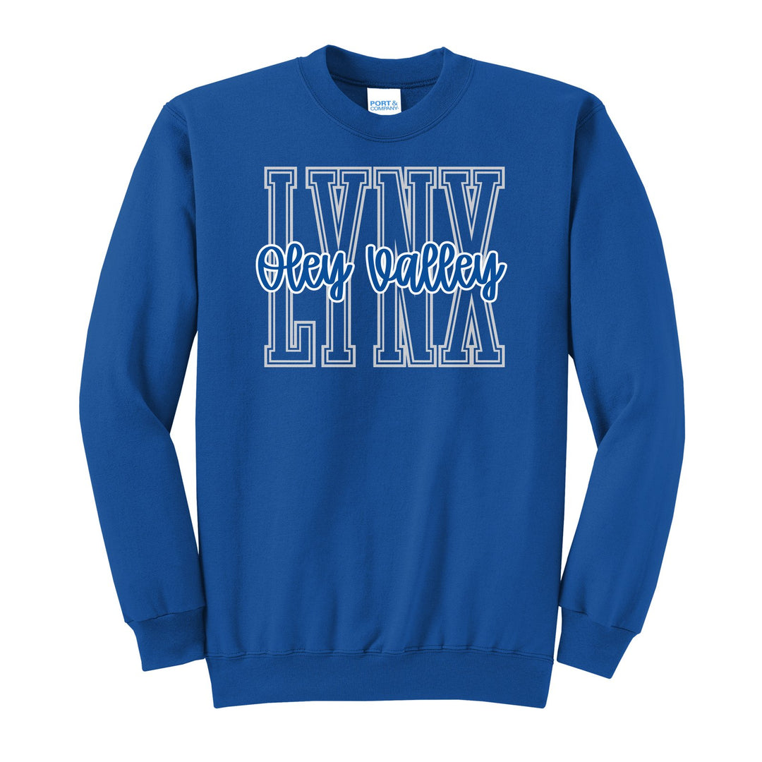 Oley Valley Lynx Outline Script crewneck sweatshirt in Royal: outlined LYNX letters with Oley Valley script across the front