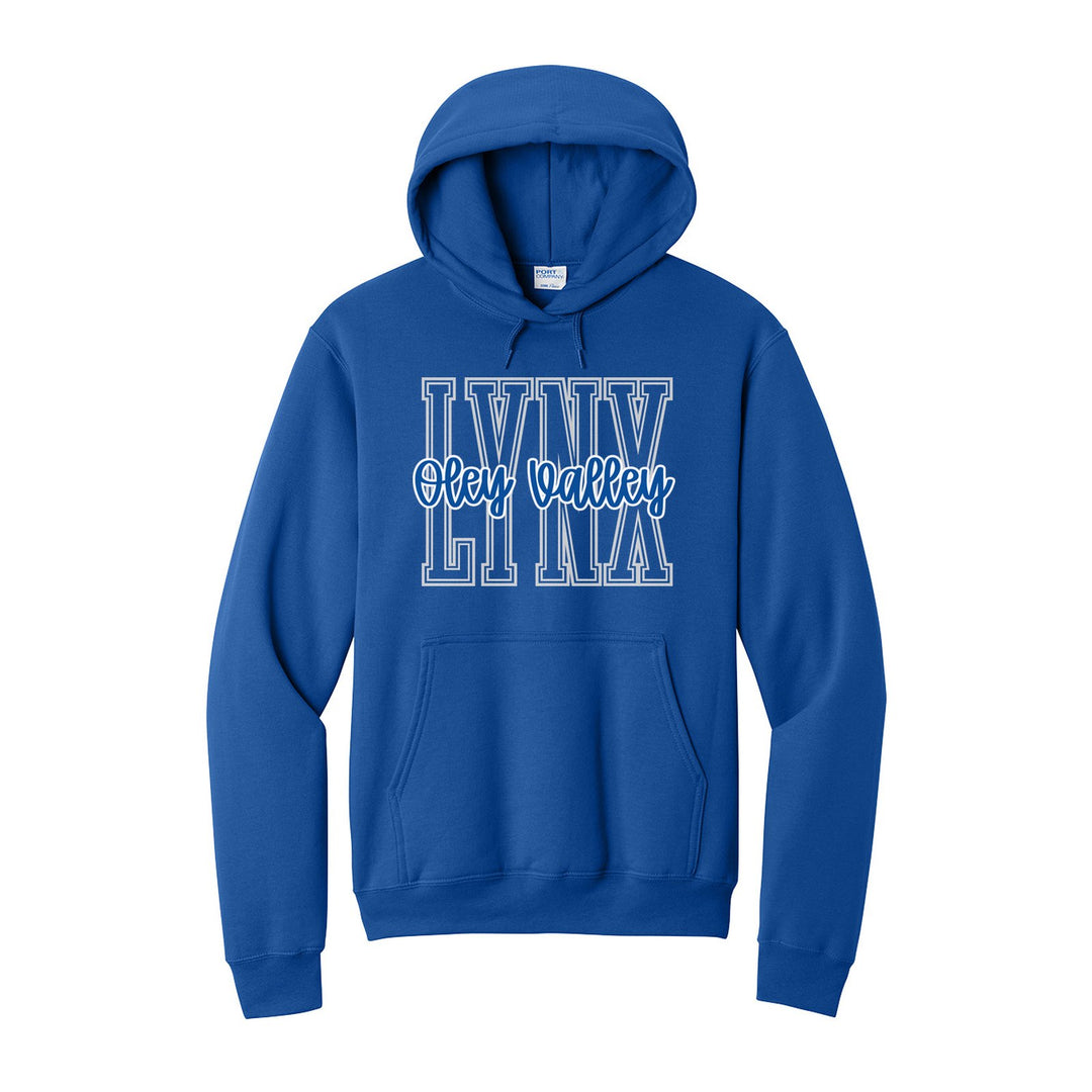 Oley Valley Lynx Outline Script hoodie in Royal: outlined LYNX letters with Oley Valley script across the front