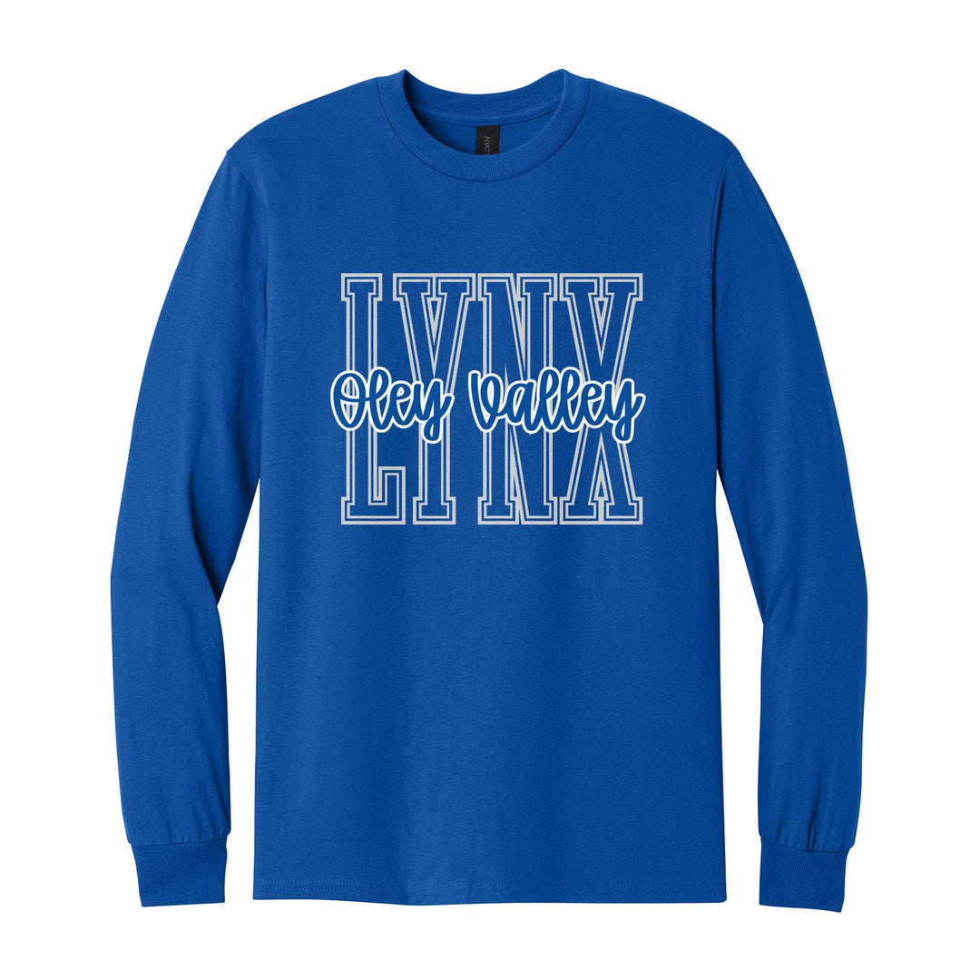 Oley Valley Lynx Outline Script long sleeve t-shirt in Royal: outlined LYNX letters with Oley Valley script across the front