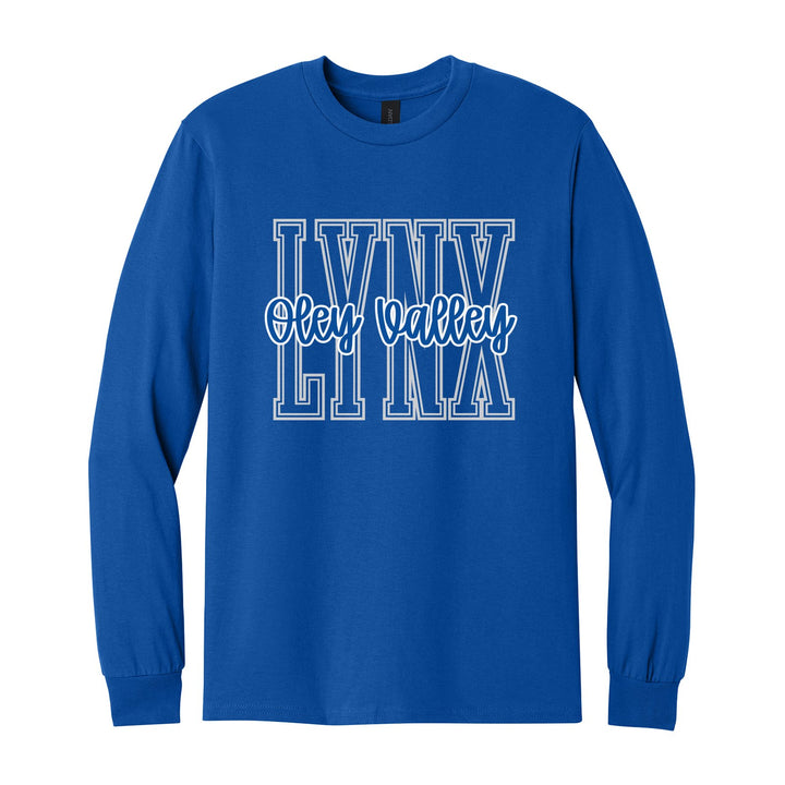 Oley Valley Lynx Outline Script long sleeve t-shirt in Royal: outlined LYNX letters with Oley Valley script across the front