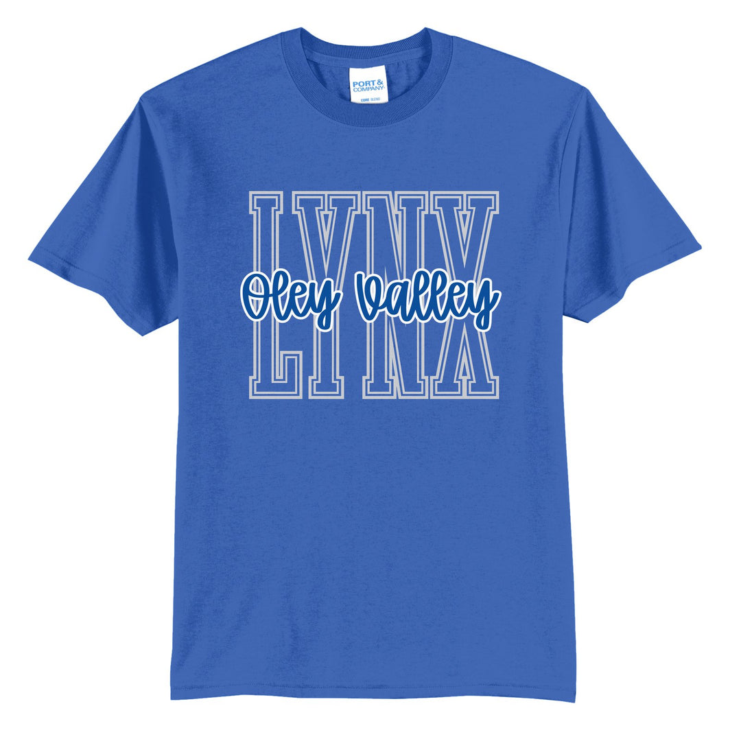 Oley Valley Lynx Outline Script t-shirt in Royal: outlined LYNX letters with Oley Valley script across the front