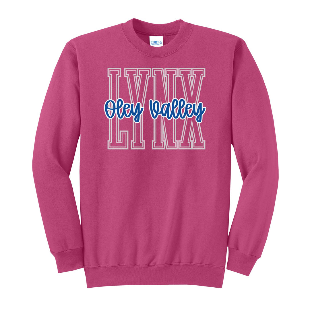 Oley Valley Lynx Outline Script crewneck sweatshirt in Sangria: outlined LYNX letters with Oley Valley script across the front