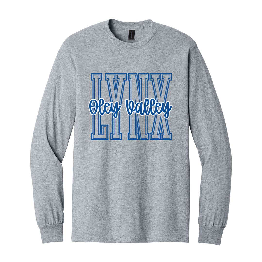 Oley Valley Lynx Outline Script long sleeve t-shirt in Sport Grey: outlined LYNX letters with Oley Valley script across the front
