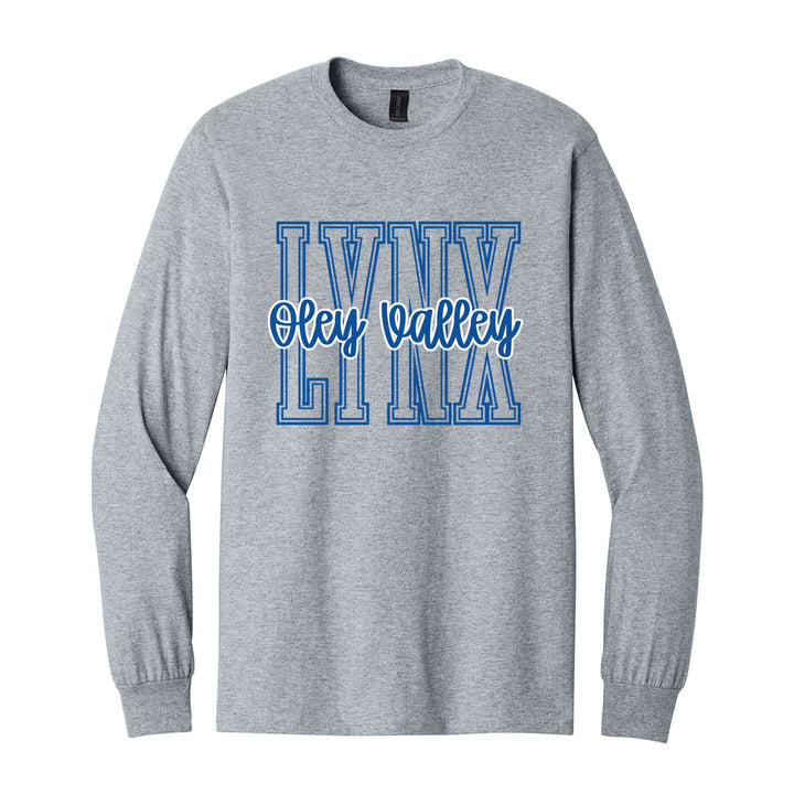 Oley Valley Lynx Outline Script long sleeve t-shirt in Sport Grey: outlined LYNX letters with Oley Valley script across the front