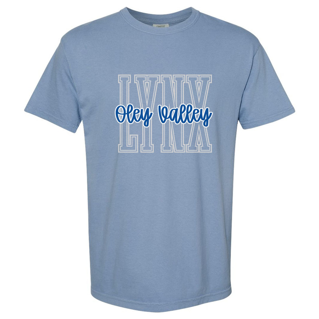 Oley Valley Lynx Outline Script comfort colors t-shirt in Washed Denim: outlined LYNX letters with Oley Valley script across the front