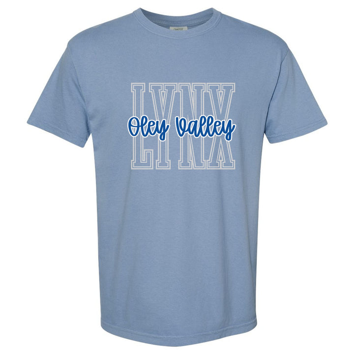 Oley Valley Lynx Outline Script comfort colors t-shirt in Washed Denim: outlined LYNX letters with Oley Valley script across the front