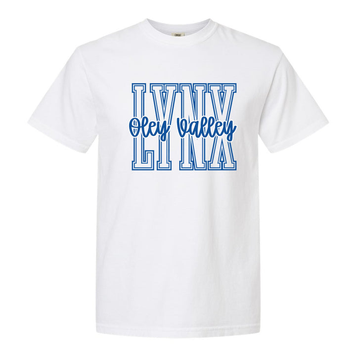 Oley Valley Lynx Outline Script comfort colors t-shirt in White: outlined LYNX letters with Oley Valley script across the front