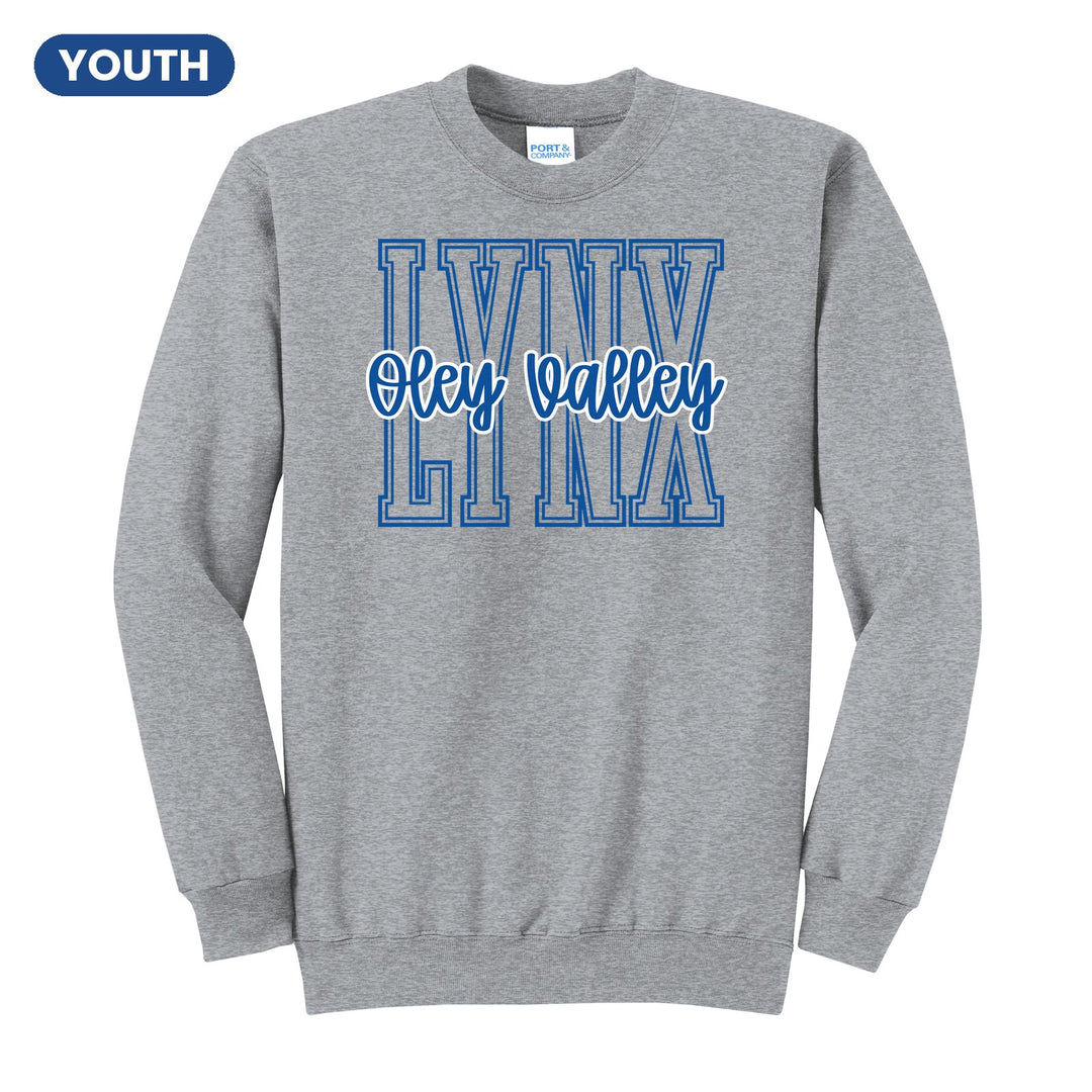 Oley Valley Lynx Outline Script youth crewneck sweatshirt in Athletic Heather: outlined LYNX letters with Oley Valley script across the front