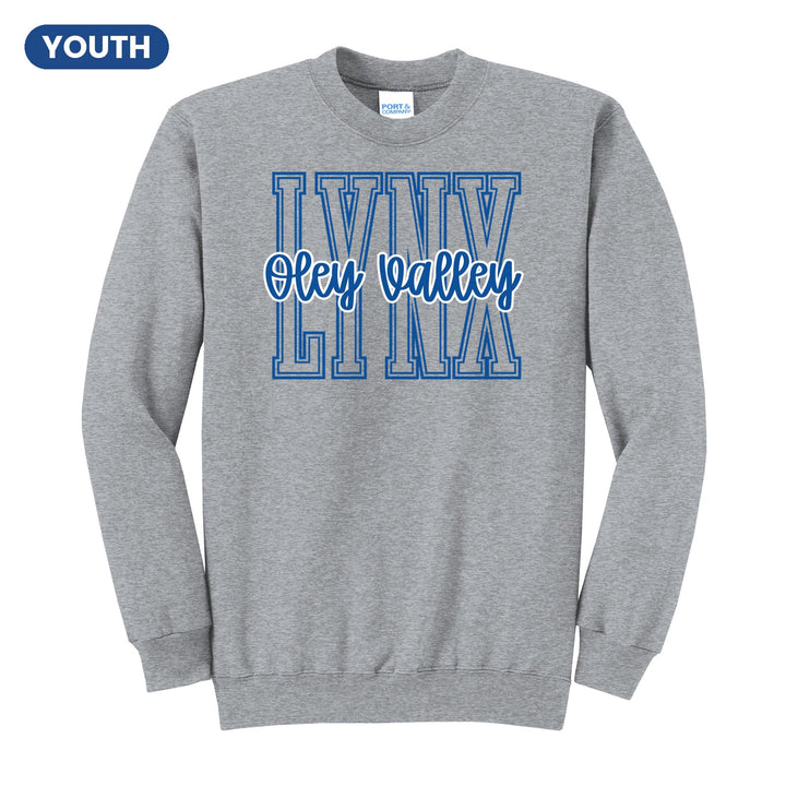 Oley Valley Lynx Outline Script youth crewneck sweatshirt in Athletic Heather: outlined LYNX letters with Oley Valley script across the front