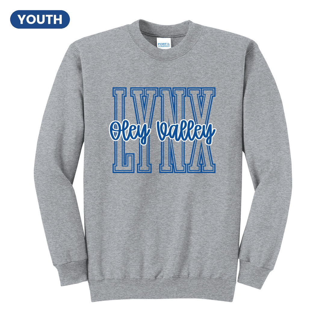 Oley Valley Lynx Outline Script youth crewneck sweatshirt in Athletic Heather: outlined LYNX letters with Oley Valley script across the front