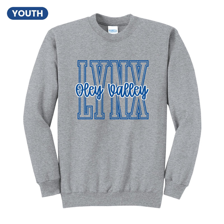 Oley Valley Lynx Outline Script youth crewneck sweatshirt in Athletic Heather: outlined LYNX letters with Oley Valley script across the front