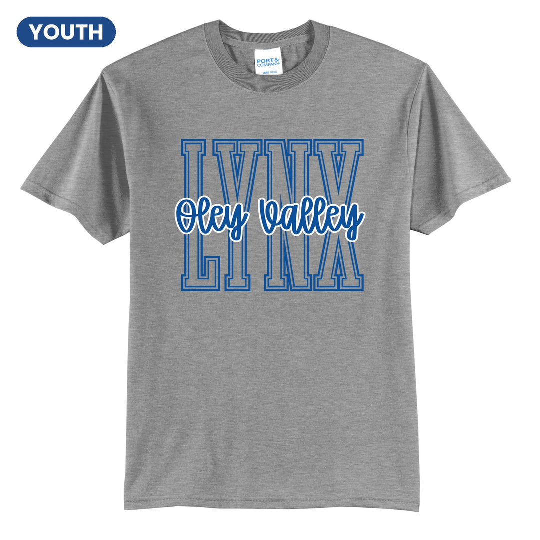Oley Valley Lynx Outline Script youth t-shirt in Athletic Heather: outlined LYNX letters with Oley Valley script across the front