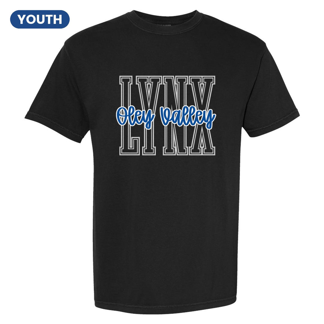 Oley Valley Lynx Outline Script youth comfort colors t-shirt in Black: outlined LYNX letters with Oley Valley script across the front