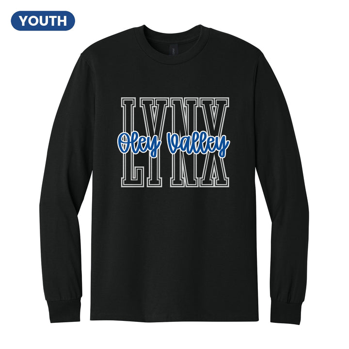 Oley Valley Lynx Outline Script youth long sleeve t-shirt in Black: outlined LYNX letters with Oley Valley script across the front