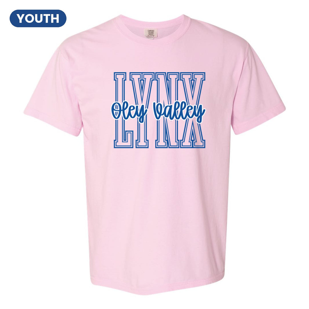 Oley Valley Lynx Outline Script youth comfort colors t-shirt in Blossom: outlined LYNX letters with Oley Valley script across the front