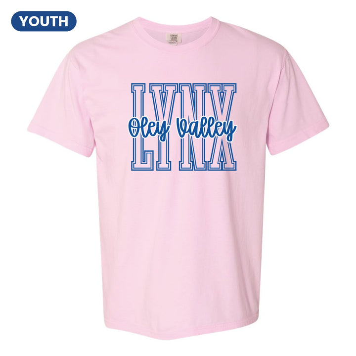 Oley Valley Lynx Outline Script youth comfort colors t-shirt in Blossom: outlined LYNX letters with Oley Valley script across the front