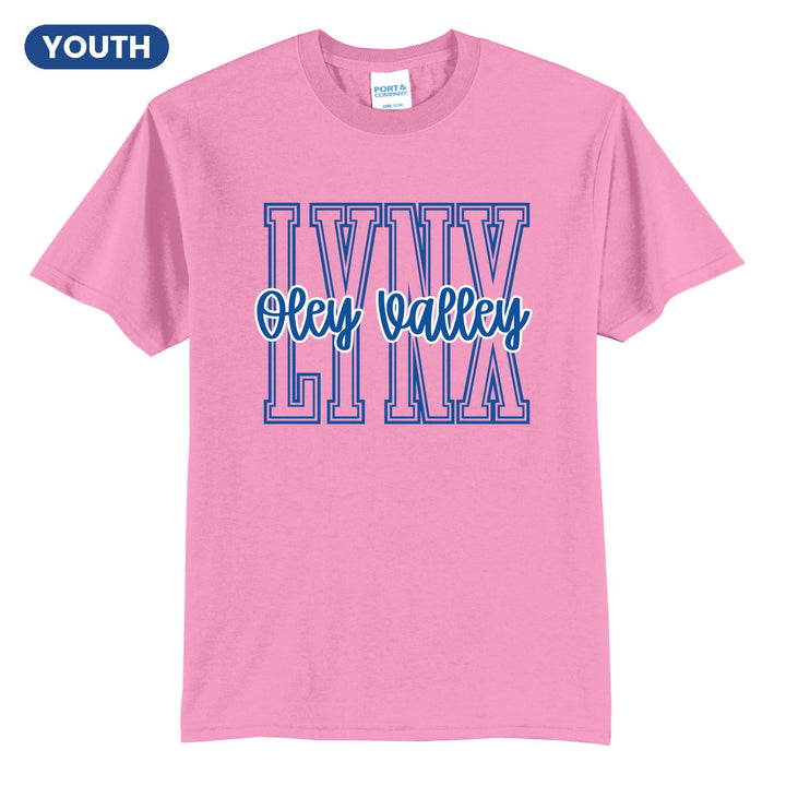 Oley Valley Lynx Outline Script youth t-shirt in Candy Pink: outlined LYNX letters with Oley Valley script across the front