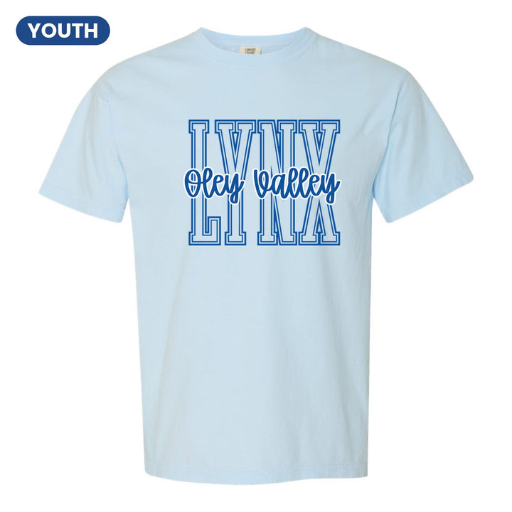 Oley Valley Lynx Outline Script youth comfort colors t-shirt in Chambray: outlined LYNX letters with Oley Valley script across the front