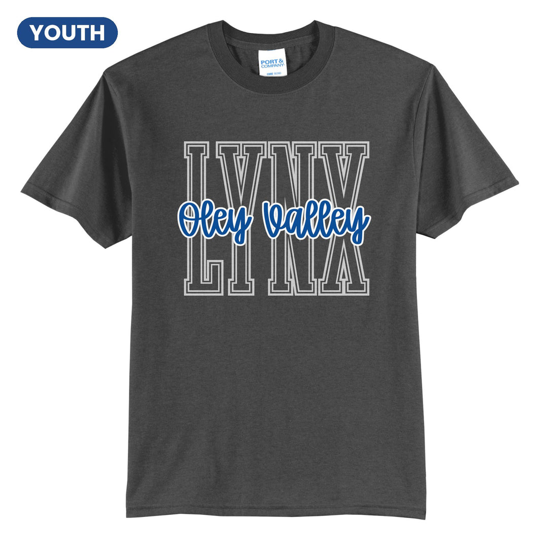 Oley Valley Lynx Outline Script youth t-shirt in Charcoal: outlined LYNX letters with Oley Valley script across the front